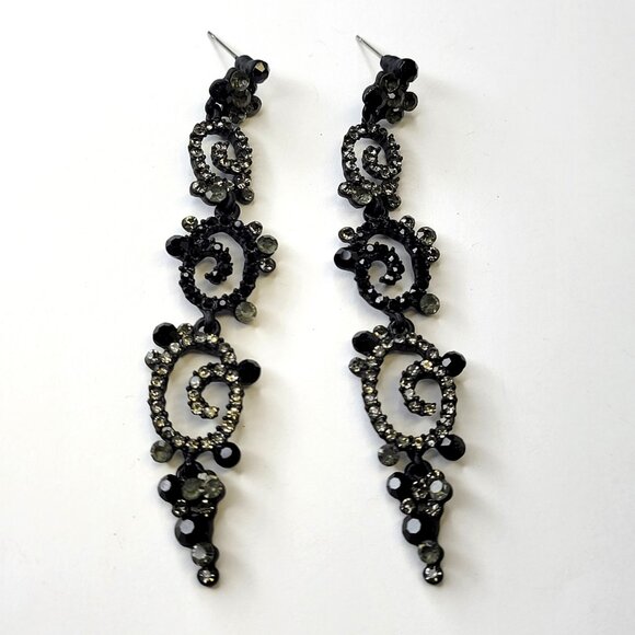 Black RHinestone Swirl Chandelier Earrings Light Chandelier Black Earrings - Picture 7 of 12